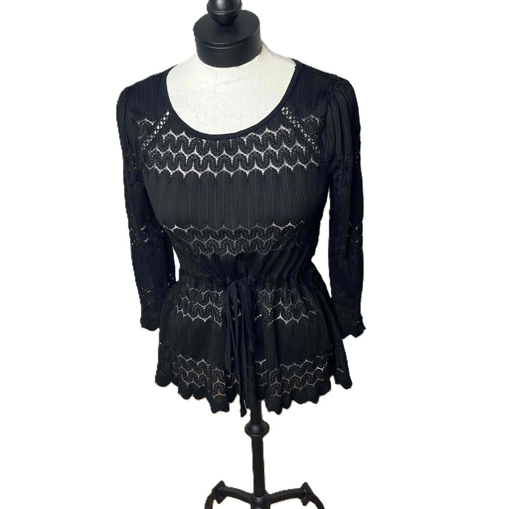 Free People Boho Crochet Lace Goth‎ Blouse Womens Small Black Keyhole Back Top
